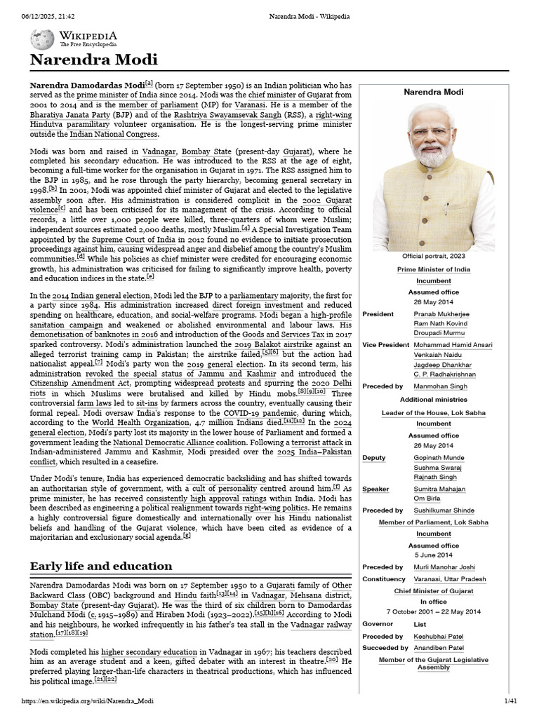 Narendra Modi - Wikipedia | PDF | Narendra Modi | Bharatiya Janata Party