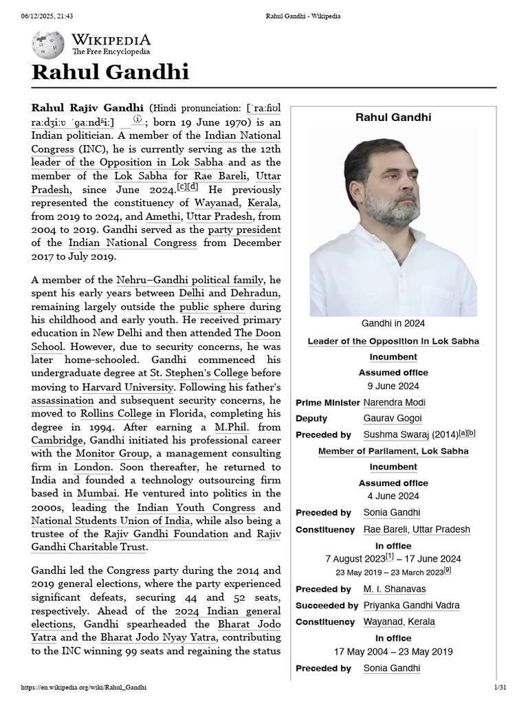 Rahul Gandhi - Wikipedia | PDF | Politics Of India | Government Of India