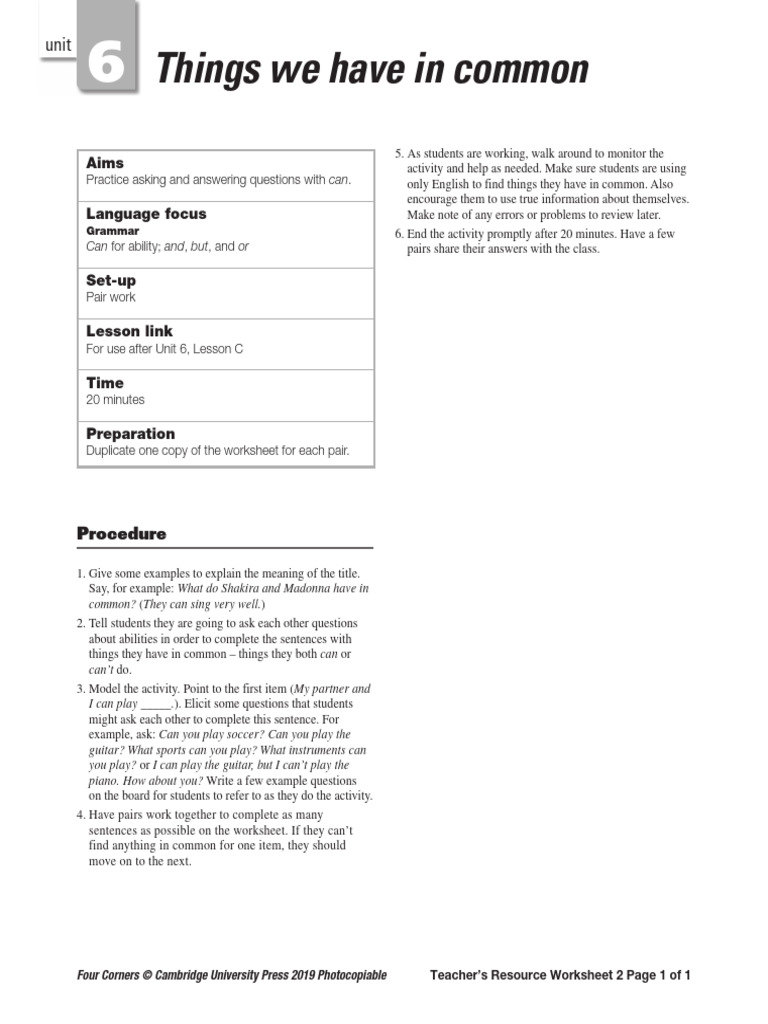 Common Abilities Worksheet for ESL | PDF | Chess Openings | Chess