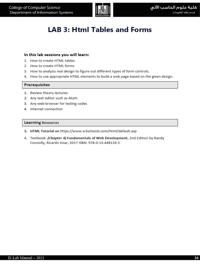 LAB 3 HTML Tables and Forms - 2 Sessions | PDF | Html | Html Element