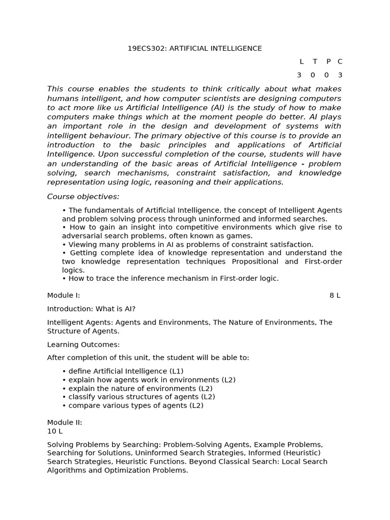 Introduction to Artificial Intelligence Course | PDF | Artificial ...