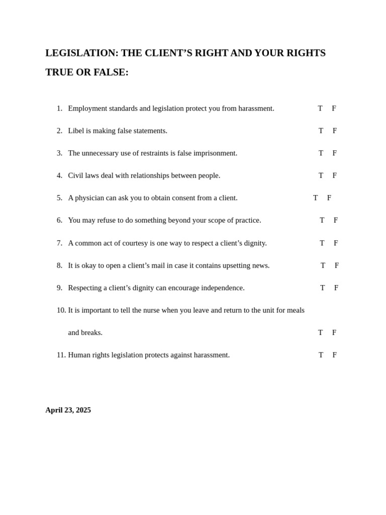Client's Rights T or F Document | PDF