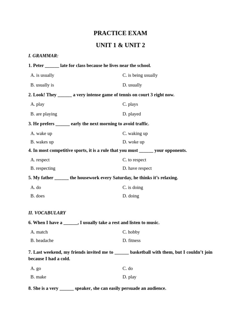 Grammar and Vocabulary Practice Exam | PDF | Chess | Chess Theory