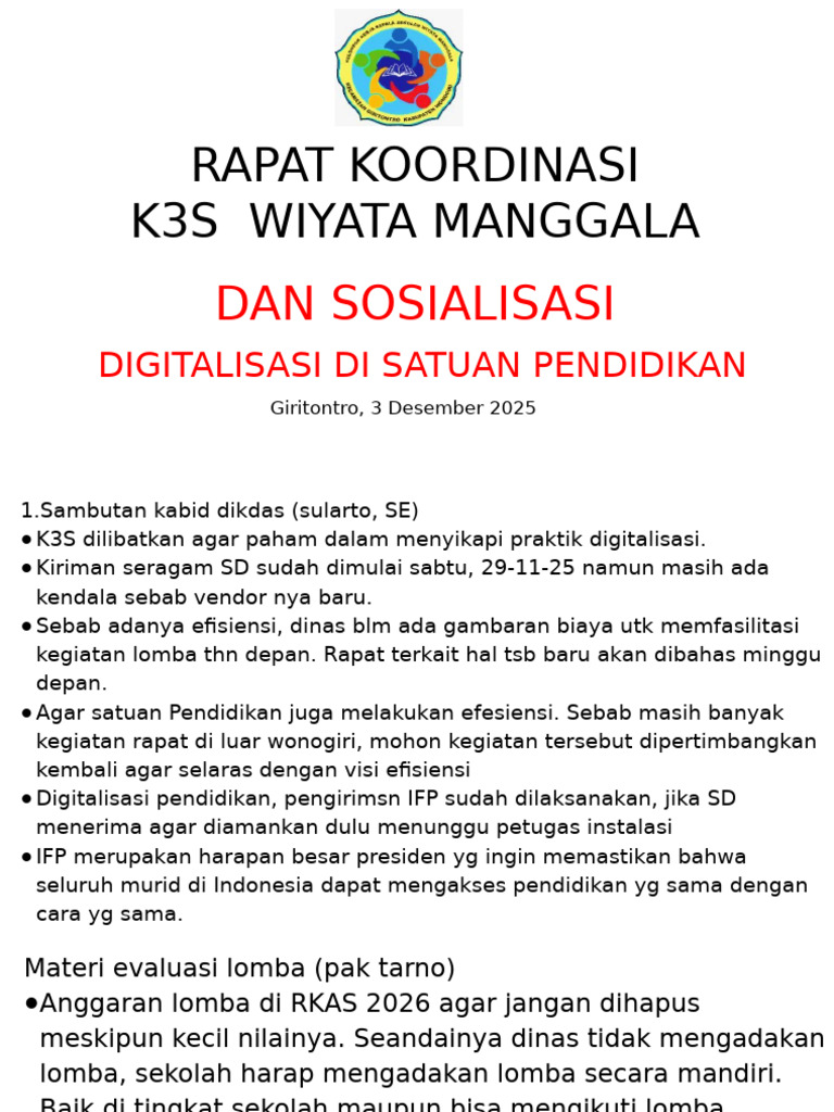 Rapat K3S: Digitalisasi Pendidikan 2025 | PDF