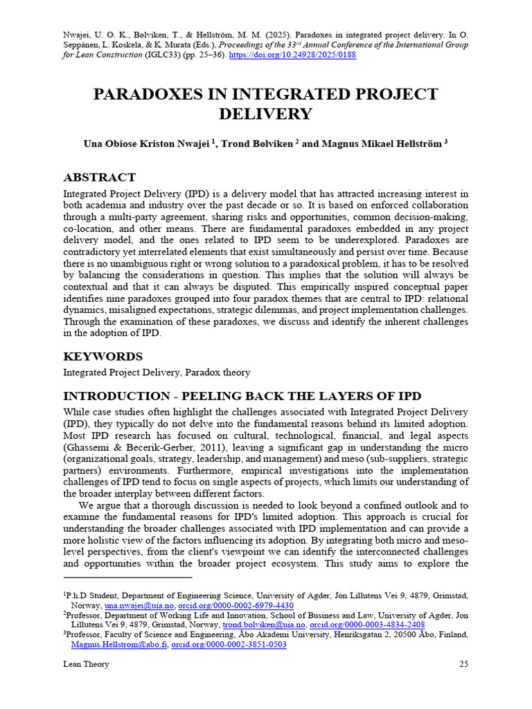 Nwajei Et Al. 2025 - Paradoxes in Integrated Project Delivery | PDF ...