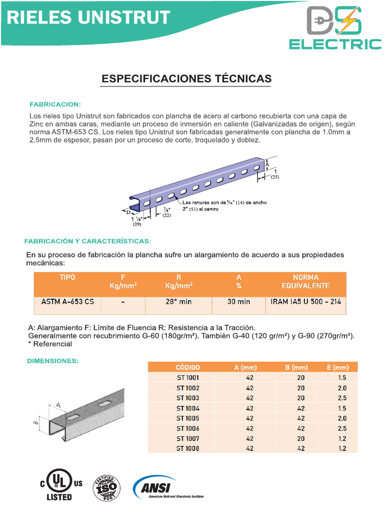 Ficha Tecnica Rieles Unistrut | PDF