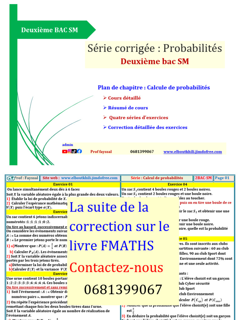 Probabilités : Exercices et Corrigés BAC SM | PDF | Variance ...