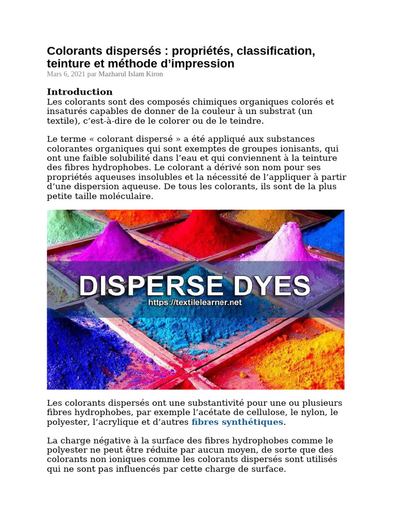 Propriétés et Classification des Colorants Dispersés | PDF | Dyeing | Dye