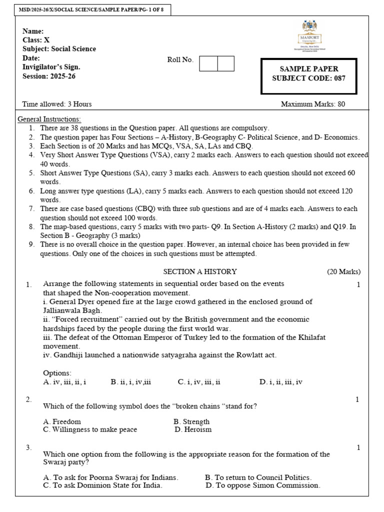 Social Science Sample Paper 2025-26 | PDF | Mahatma Gandhi | Democracy