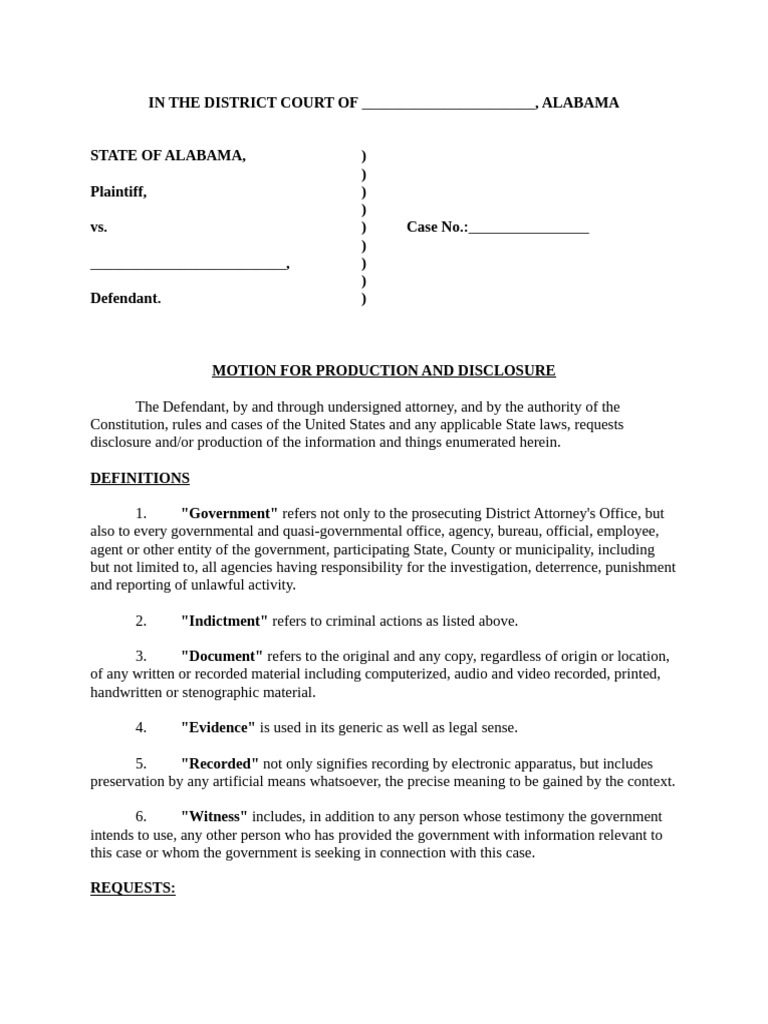 Alabama Motion for Disclosure of Evidence | PDF | Witness | Crime ...