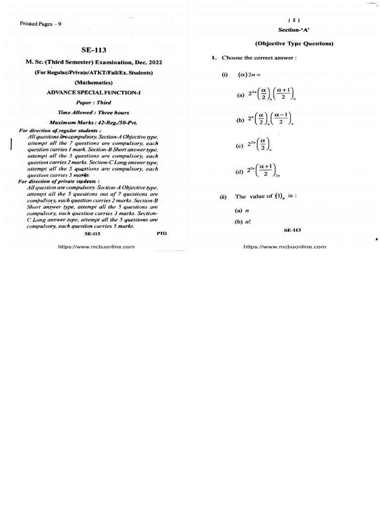 Msc 3 Sem Mathematics p3 Advance Special Function 1 Se 113 de... | PDF
