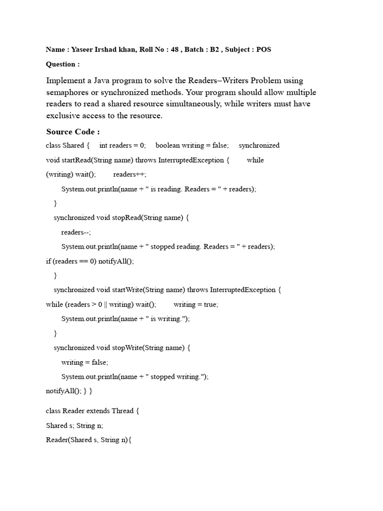 Java Readers-Writers Problem Solution | PDF