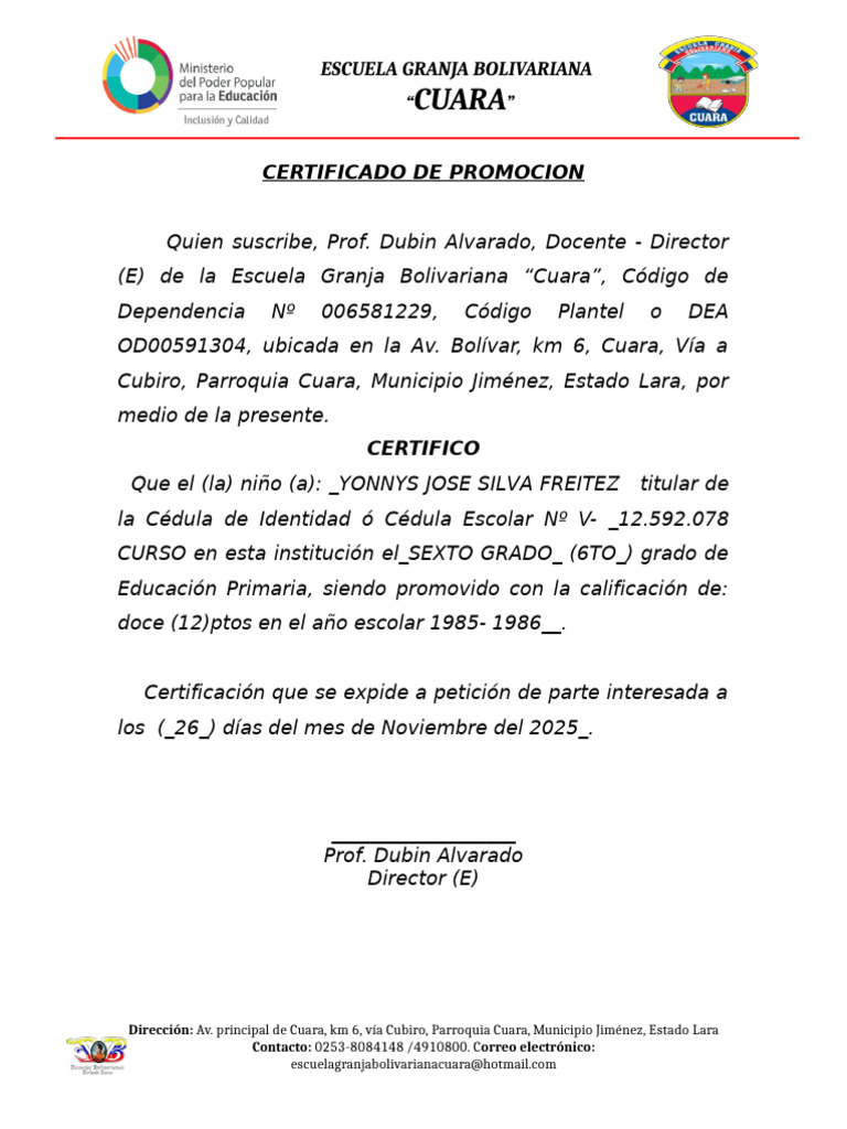 Certificado de Promoción Escolar Cuara | PDF