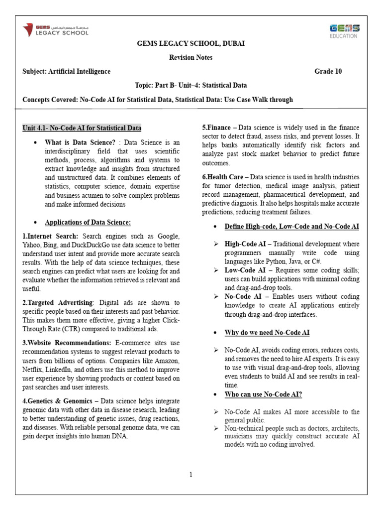 G10 AI Revision Notes PartB Unit 4 Statistical Data | PDF | Artificial ...