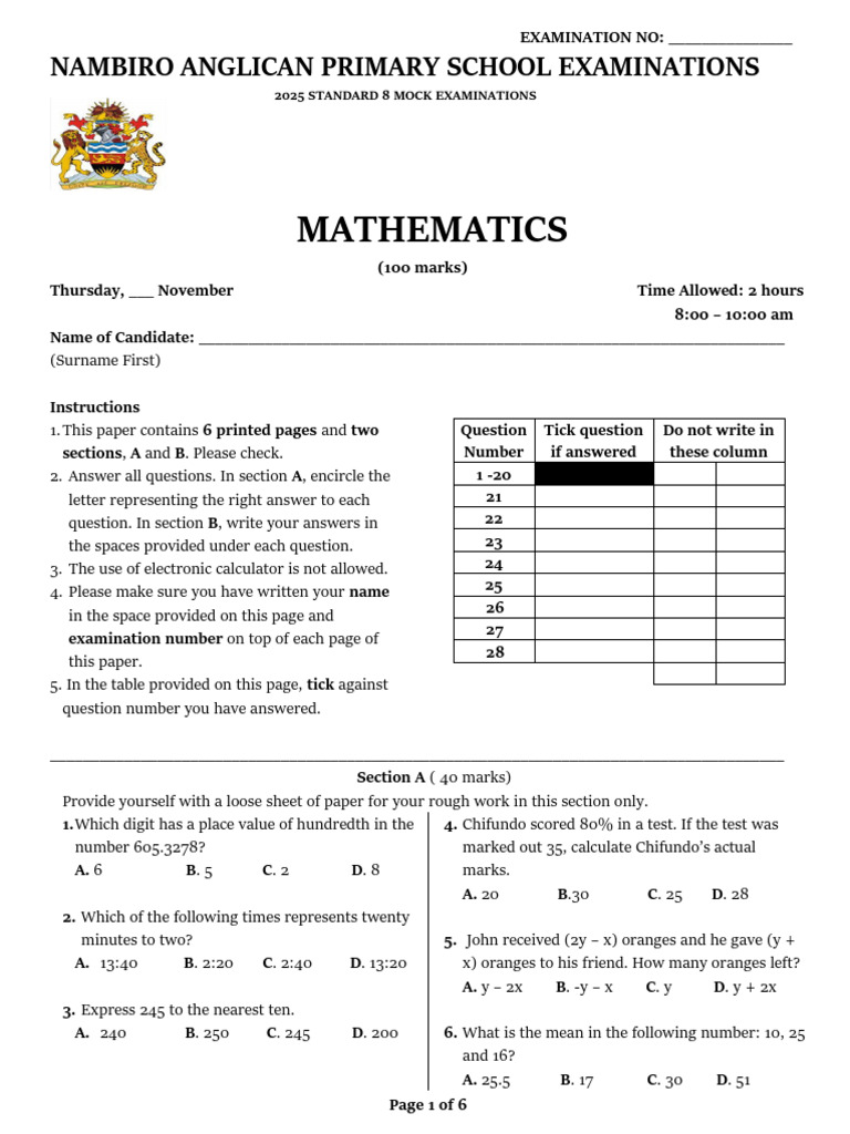 2025 Standard 8 Mathematics Mock Exam | PDF | Elementary Geometry ...