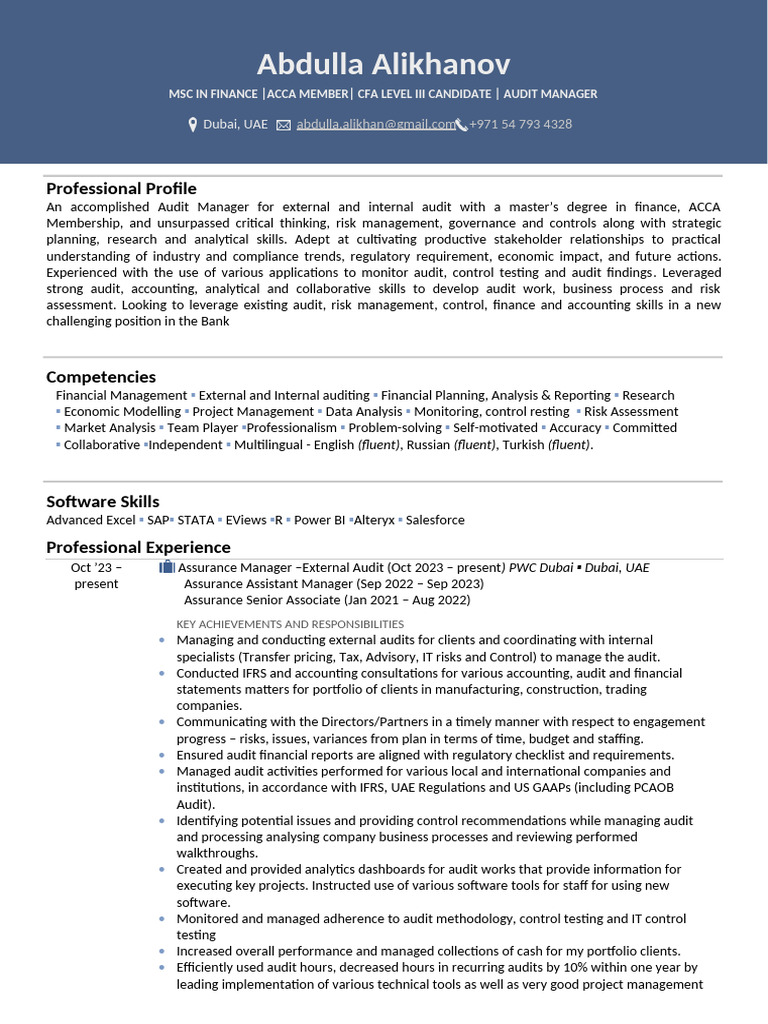 Audit Manager Profile and Expertise | PDF | Audit | Internal Audit