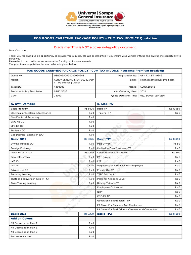 POS Goods Carrying Insurance Quote | PDF | Insurance