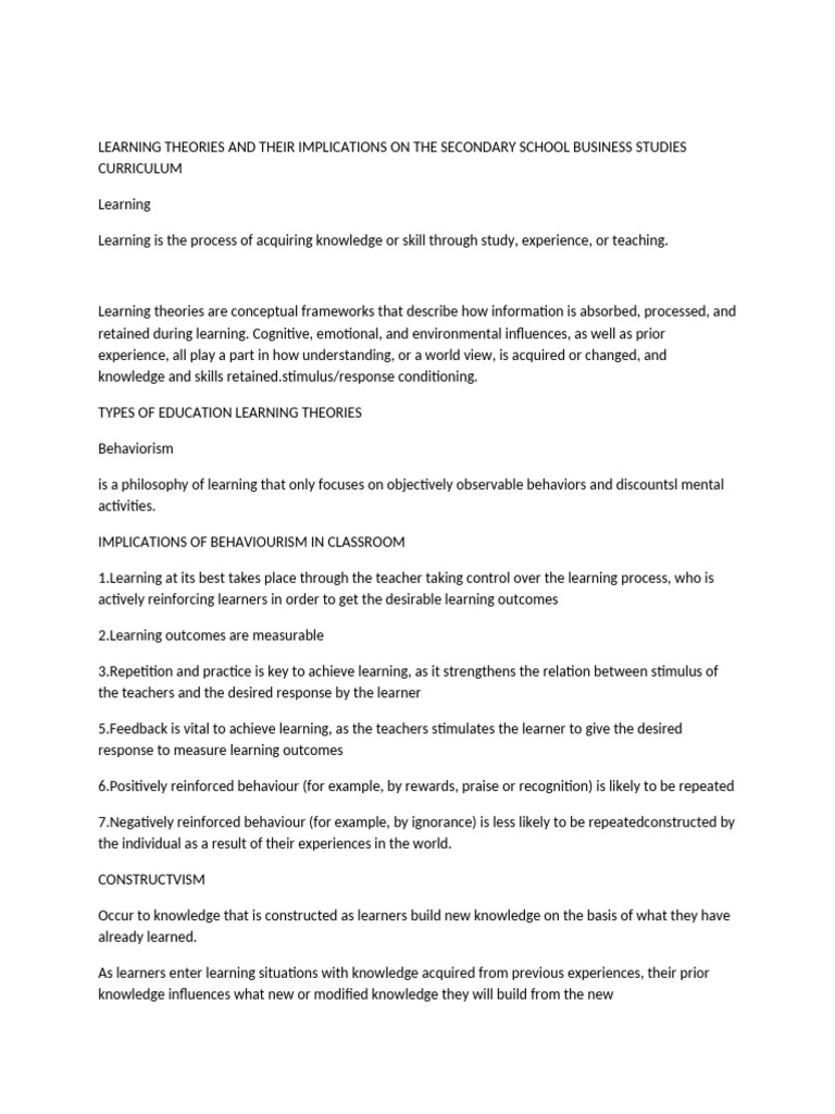 Learning Theories in Business Studies Curriculum | PDF | Learning ...