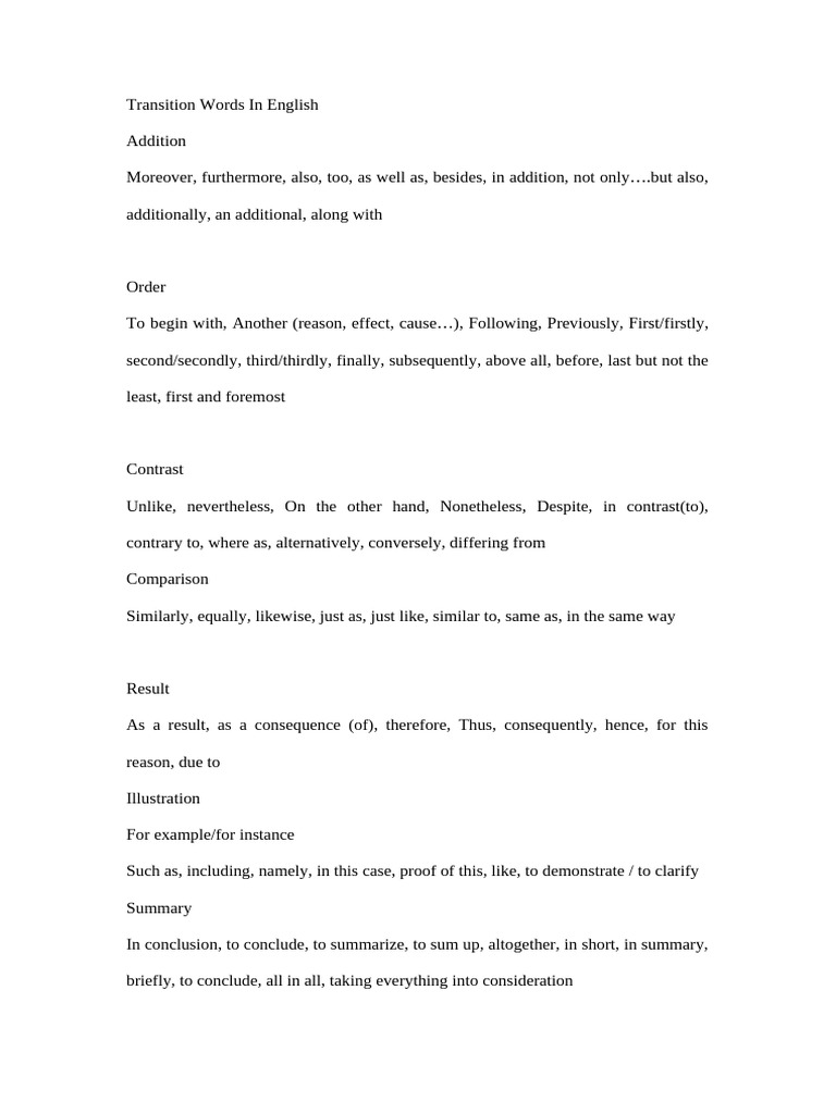 Essential English Transition Words | PDF
