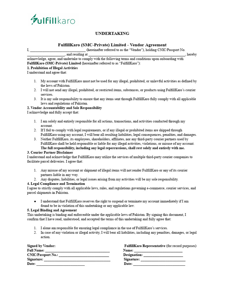FulfillKaro Undertaking Sample | PDF | Legal Liability | Common Law