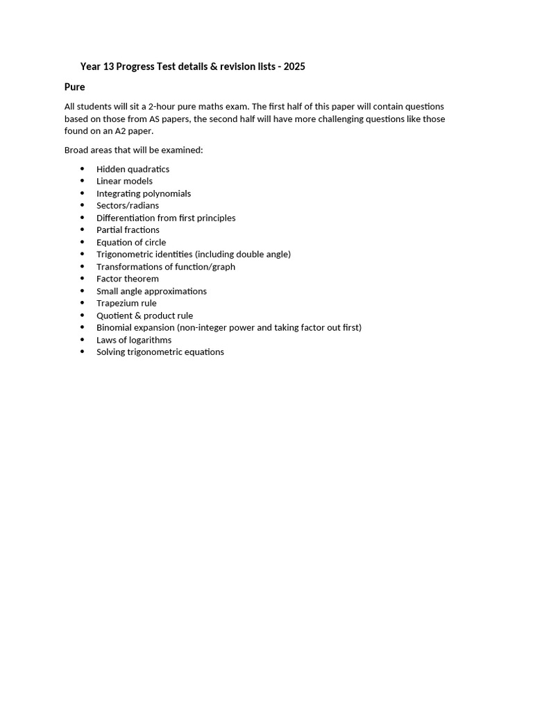 Year 13 Progress Test Details & Revision Lists - 2025 Pure | PDF