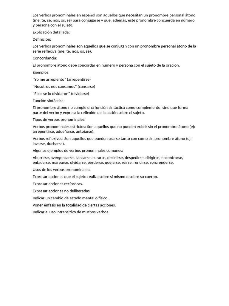 Los Verbos Pronominales en Español Son Aquellos Que Necesitan Un ...