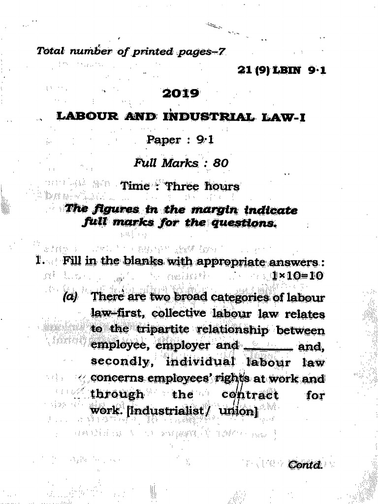 Labour and Industrial Law 2019 Ba - LLB Sem-IX | PDF