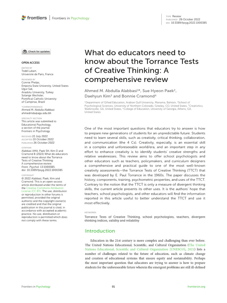 What Do Educators Need To Know About The Torrance | PDF | Creativity ...