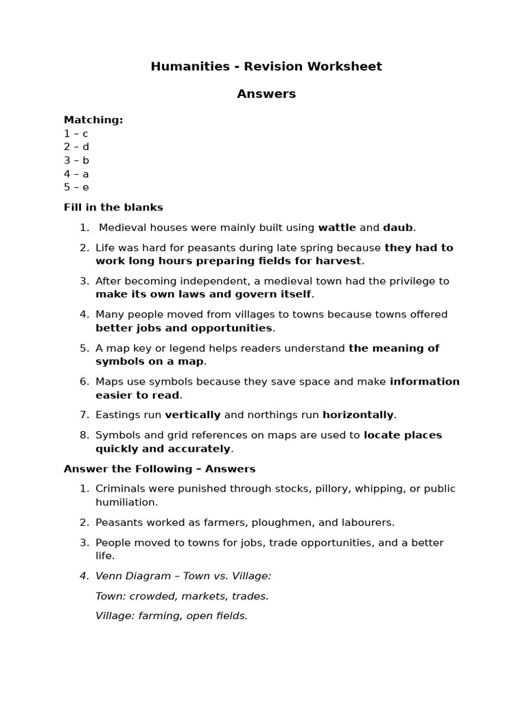 Yr 7- Humanities - Revision Worksheet -Answer Key | PDF