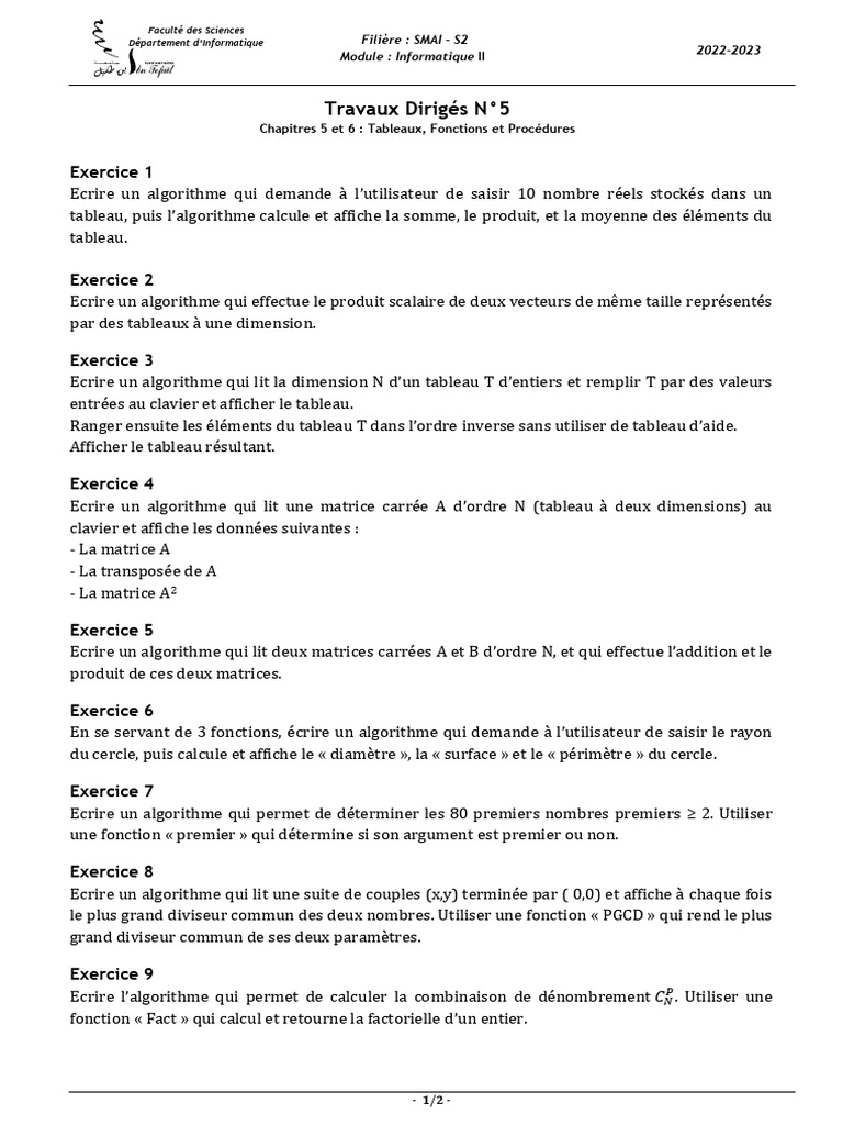 Exercices d'algorithmique en Informatique II | PDF | Matrice ...