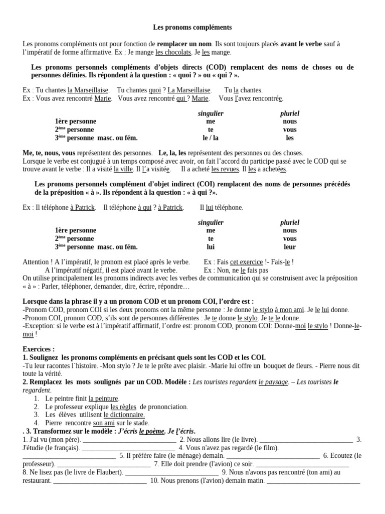 Guide des pronoms compléments en français | PDF | Complément d'objet ...