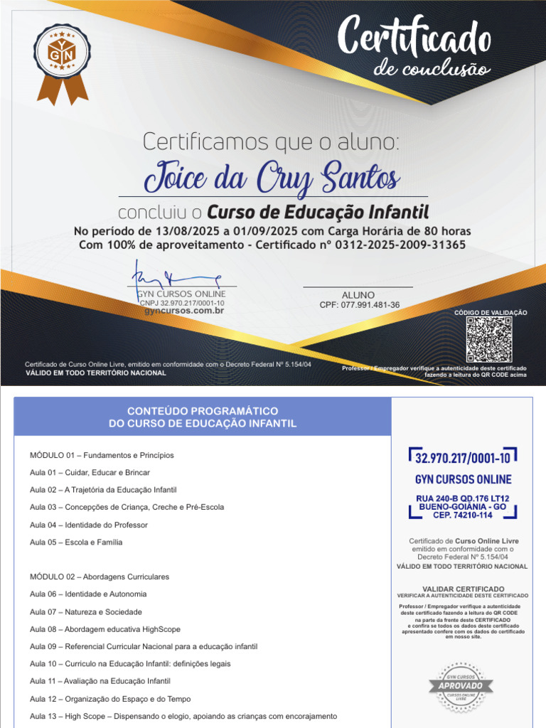 Certificado Curso Educação Infantil Online | PDF | Educação Infantil ...