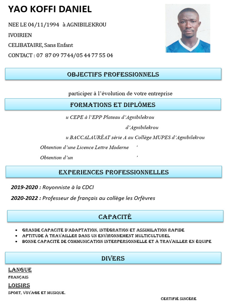 CV de Yao Koffi Daniel - Jeune Diplômé Ivoirien | PDF