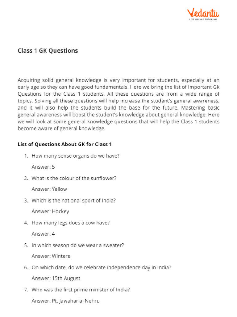 GK Questions For Class 1 Students | PDF
