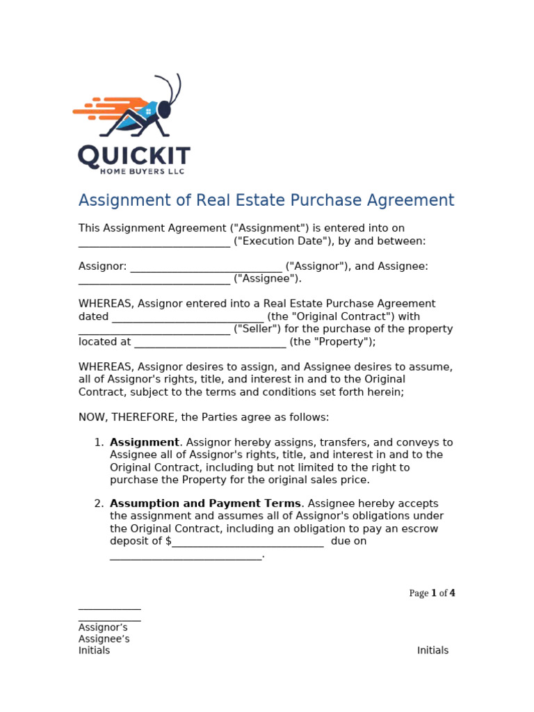 Real Estate Purchase Agreement Assignment | PDF | Assignment (Law ...