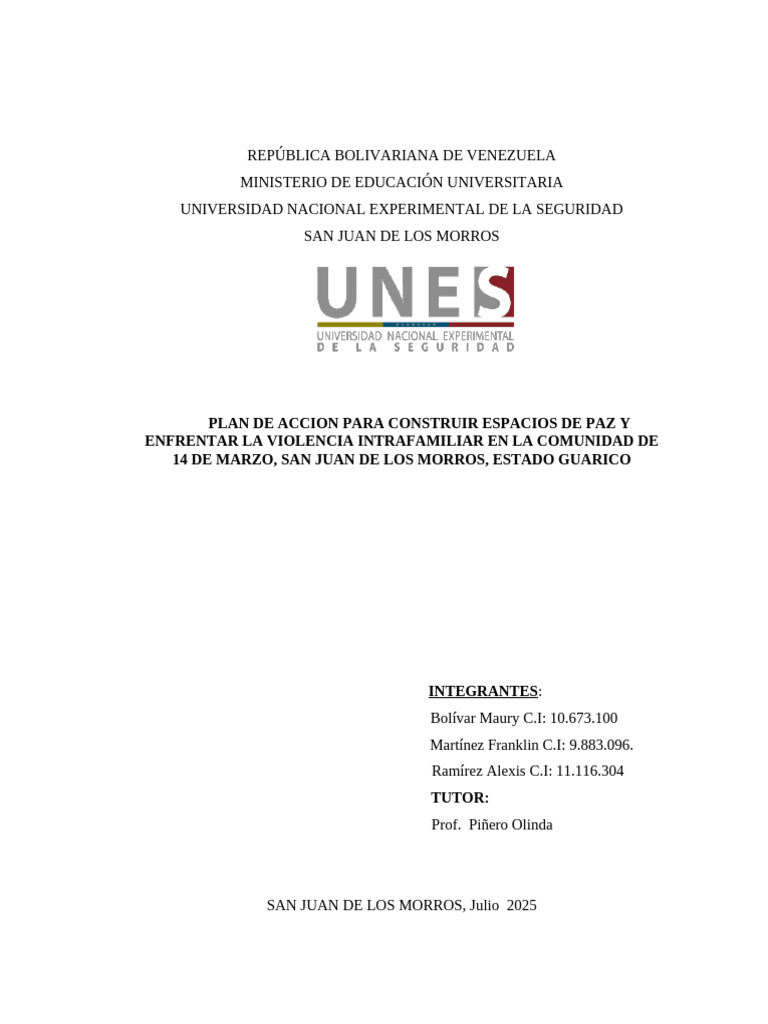 Plan de Accion para Construir Espacios de Paz y Enfrentar La Violencia ...