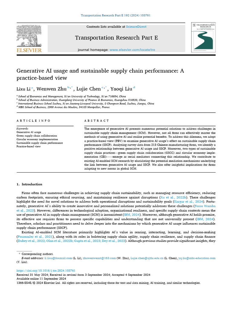 Generative AI and Sustainable Supply Chains | PDF | Supply Chain ...