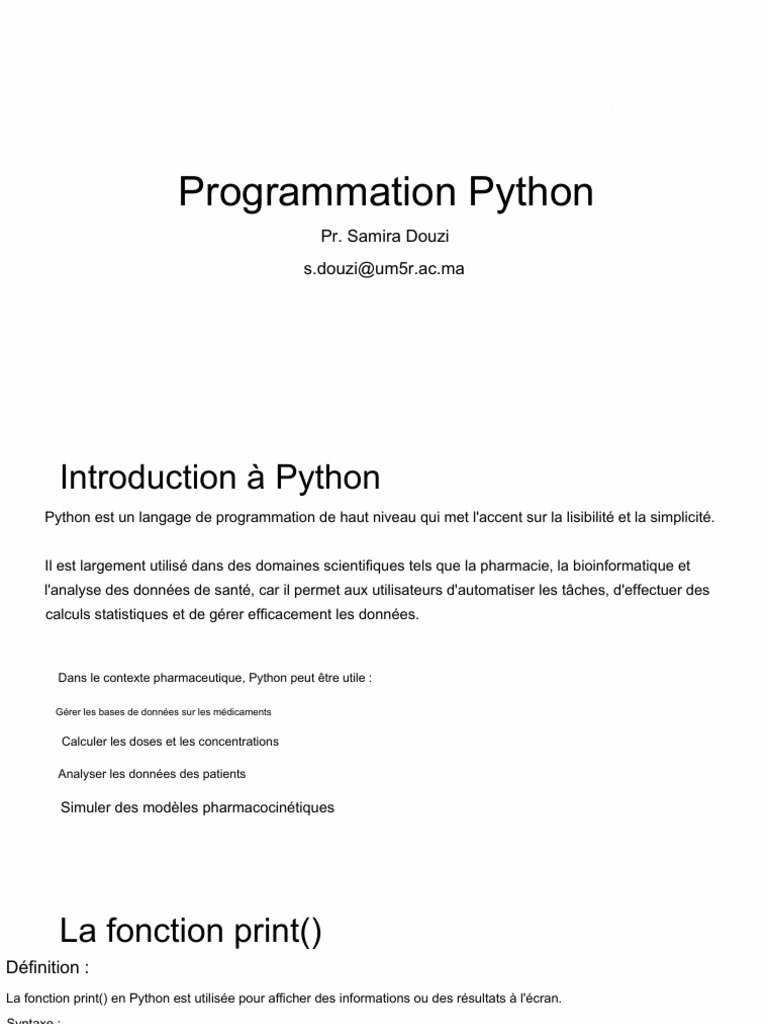 Introduction à Python en pharmacie | PDF | Python (Langage de ...