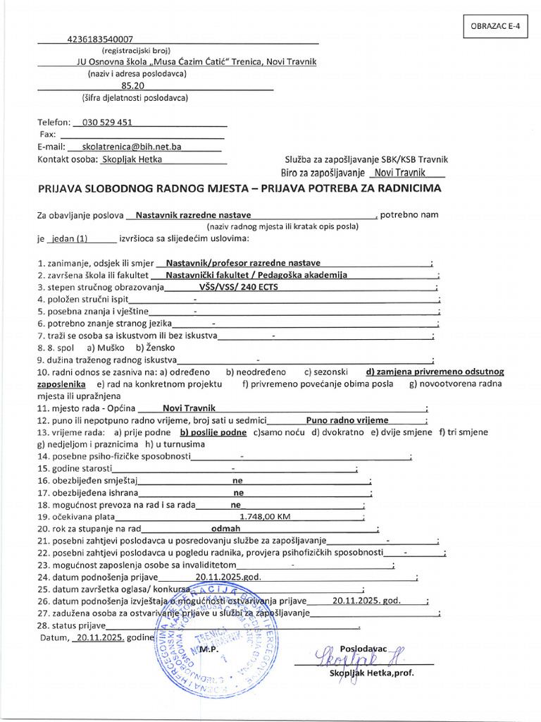 Prijava Slobodnog Radnog Mjesta Prijava Potreba Za Radnicima | PDF