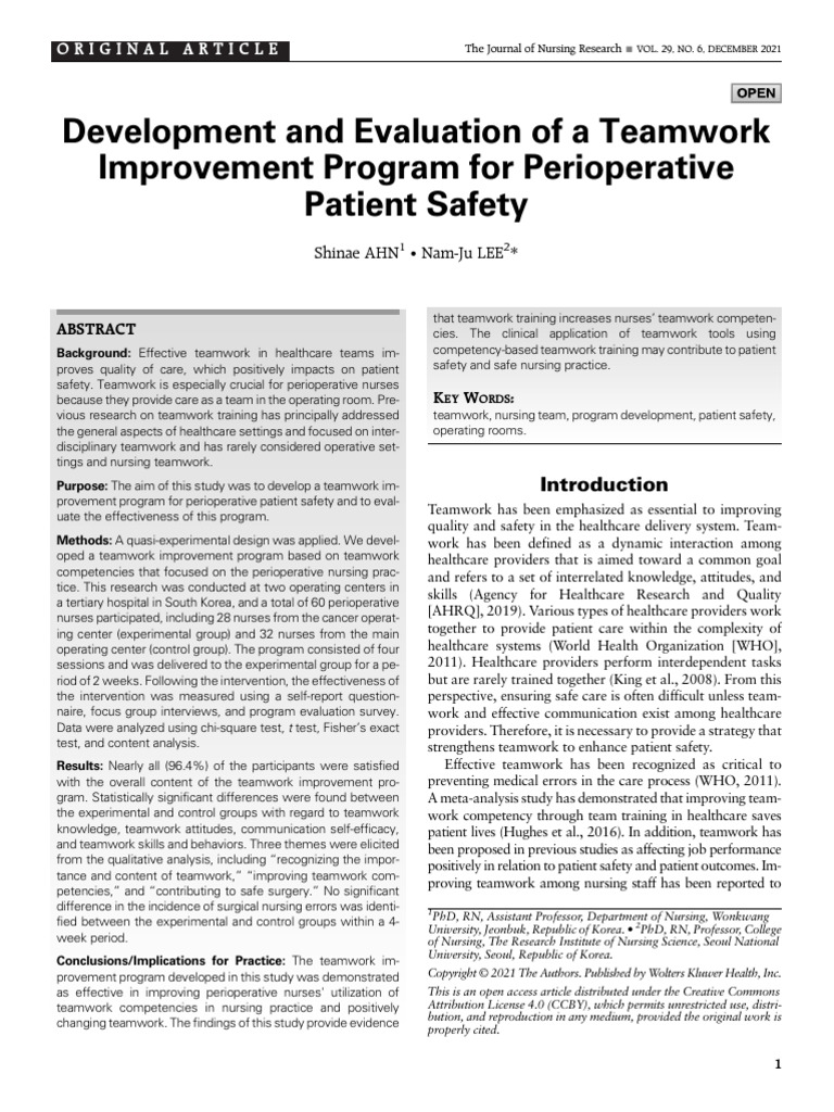 Development and Evaluation of a Teamwork.8 | PDF | Patient Safety | Nursing