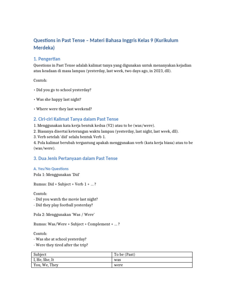 Past Tense Questions Guide for 9th Grade | PDF | Languages | Foreign ...
