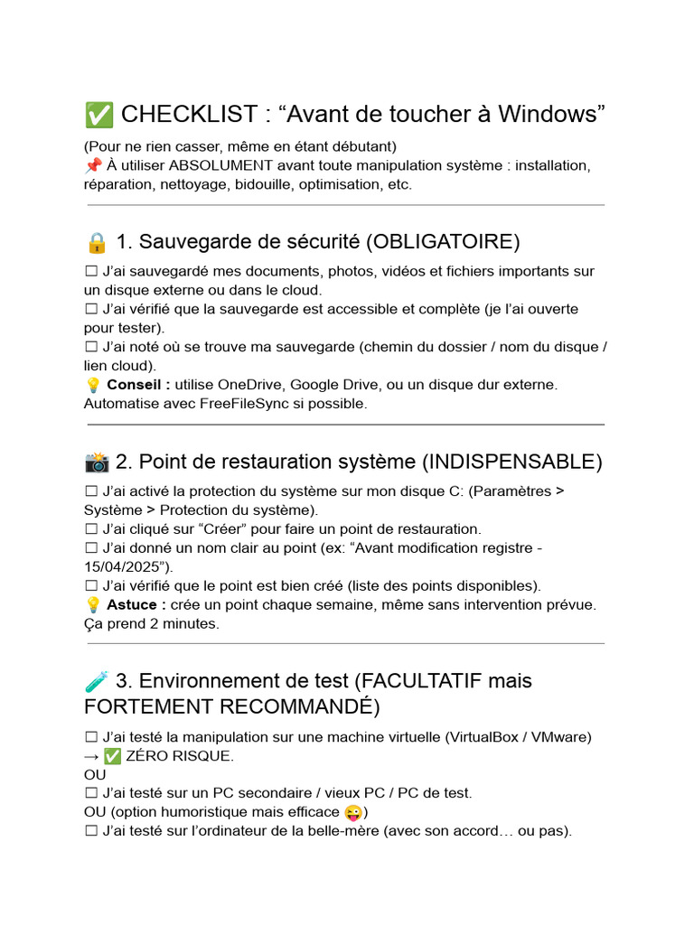 Checklist essentielle avant manipulation Windows | PDF | Sauvegarde ...