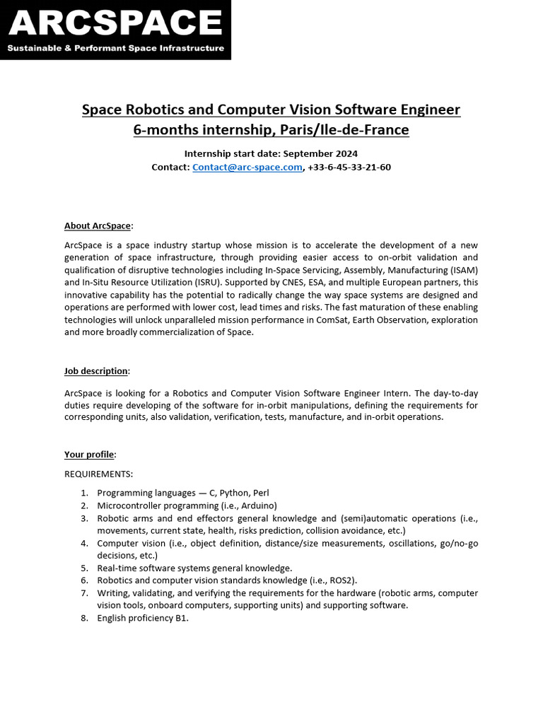 Space Robotics Internship in Paris | PDF | Robotics | Software Engineering