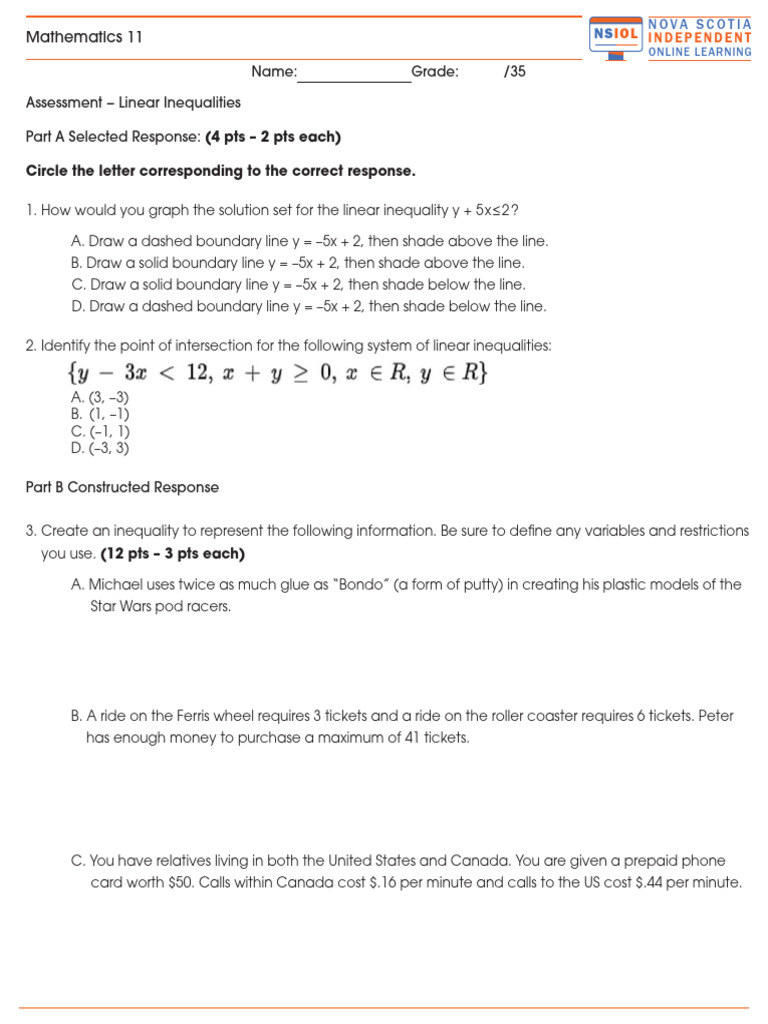 NSIOL Math 11 U4 Linear Inequalities Student | PDF