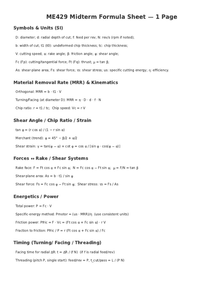 ME429 Midterm Formula Sheet 1pg | PDF