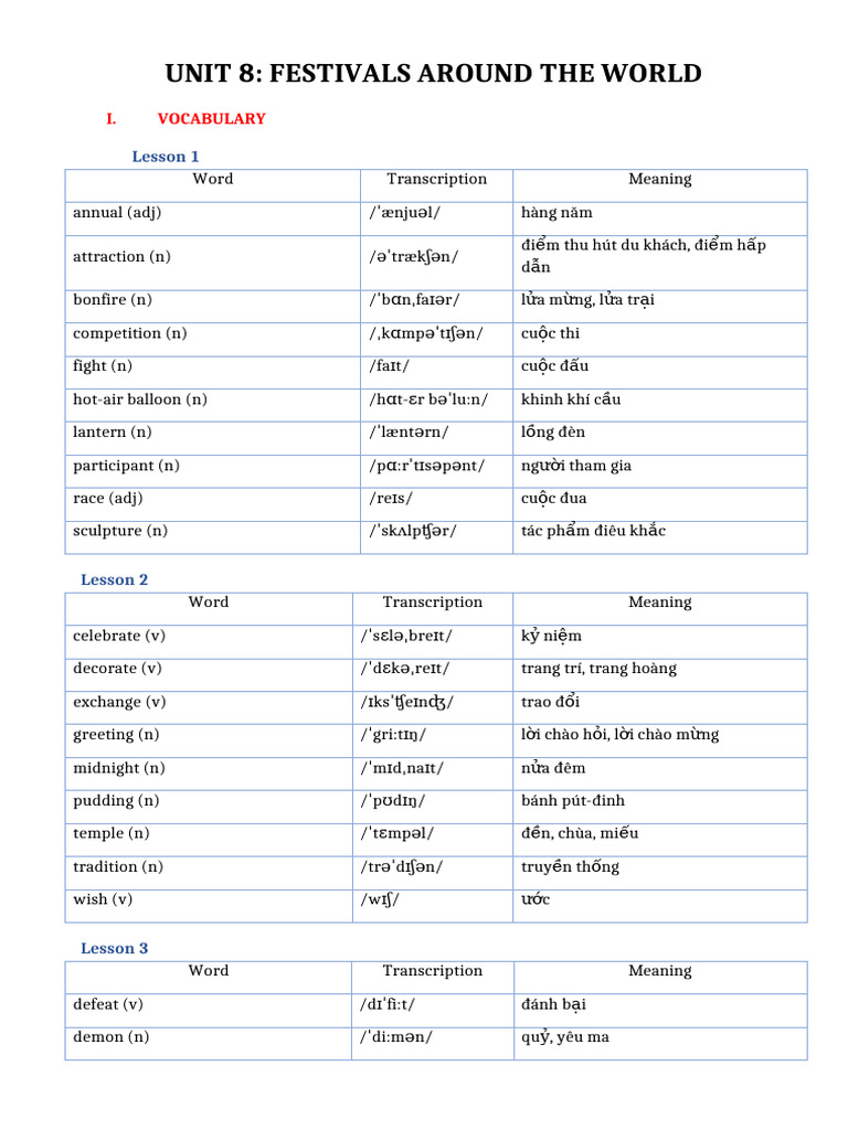 Global Festivals Vocabulary & Grammar Guide | PDF