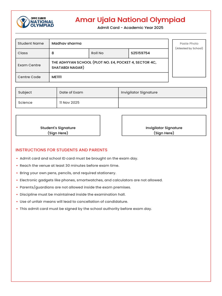 Amar Ujala Olympiad Admit Card 2025 | PDF