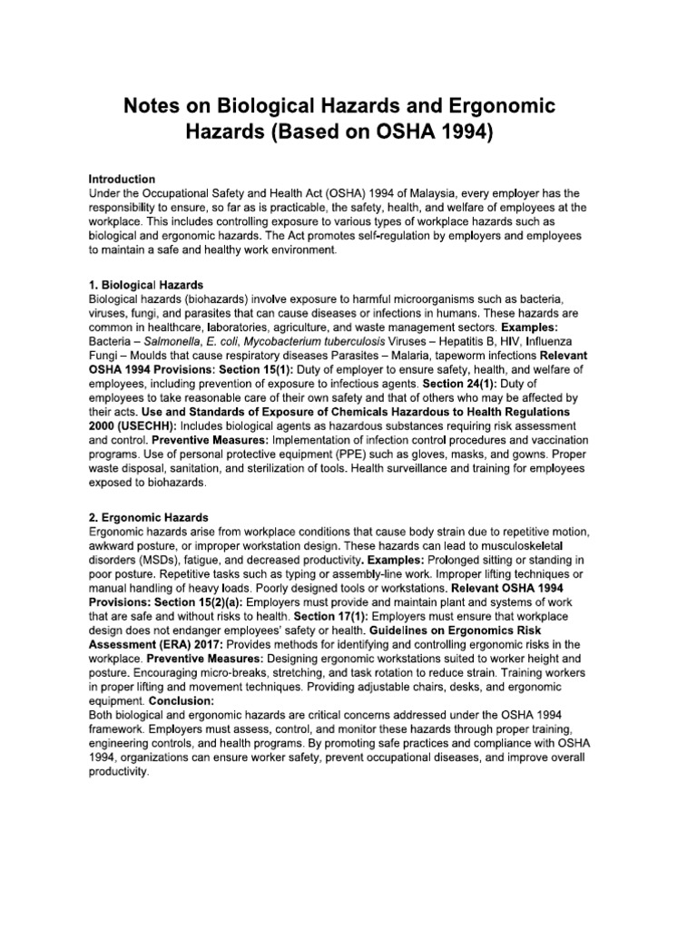 Biological and Ergonomics Hazards | PDF