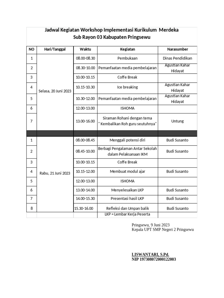 Jadwal Workshop Kurikulum Merdeka 2023 | PDF