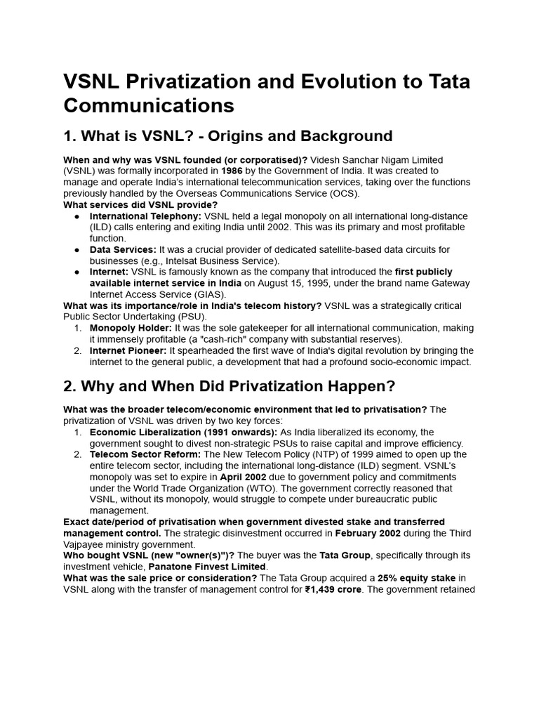 VSNL Privatization to Tata Communications | PDF | Privatization | Monopoly
